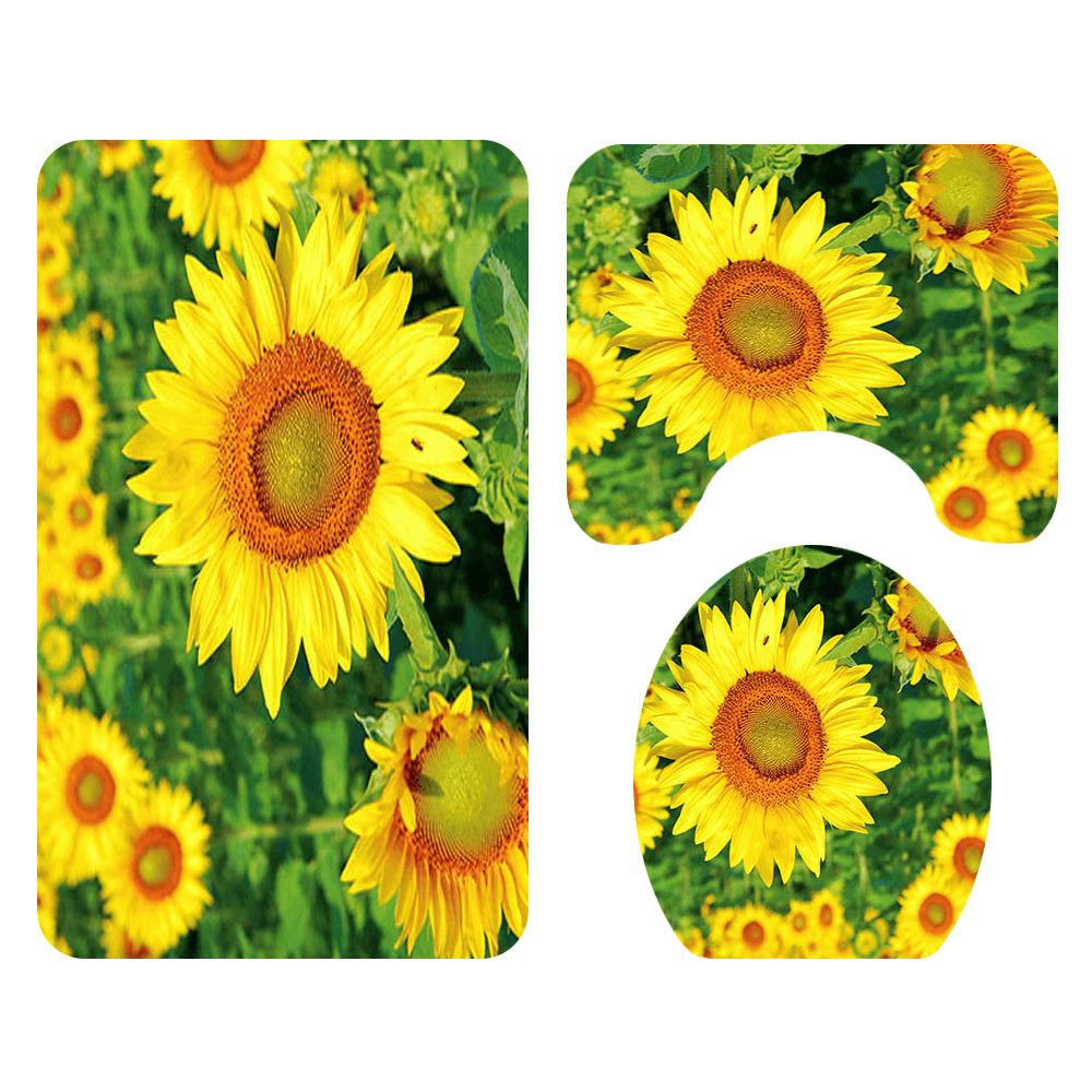 4PCS Non Slip Sunflower Pattern Toilet Polyester Cover Mat Set Waterproof Bathroom Shower Curtains