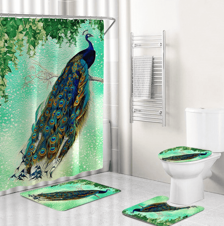 4Pcs Peacock Print Shower Curtain Floor Mat Bathroom Mat Bath Creat Decor