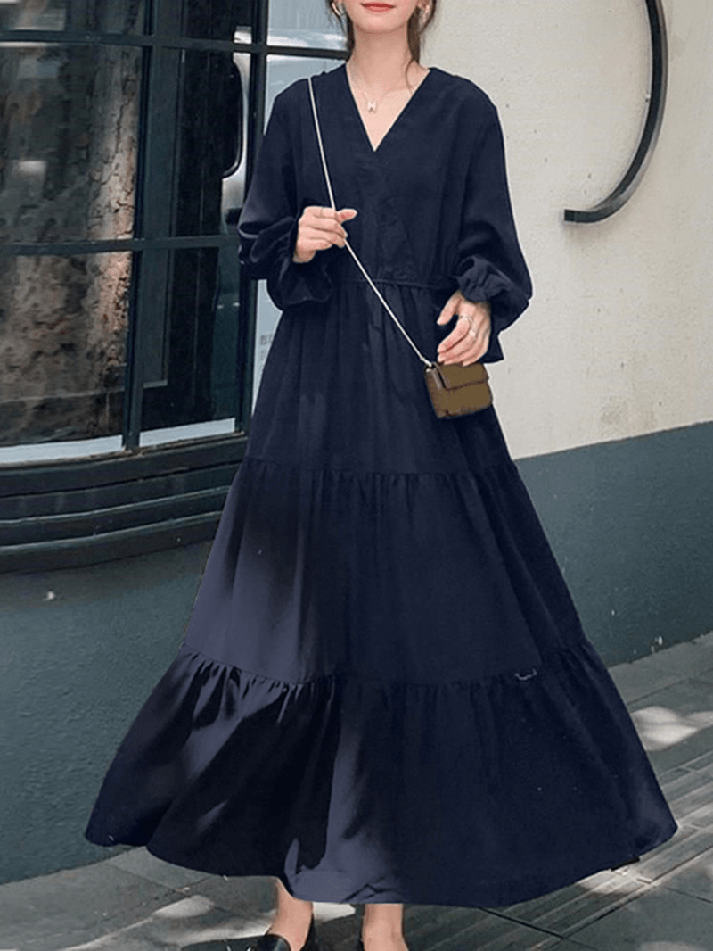 Women Solid Color Puff Sleeve V-Neck Big Swing Casual Maxi Layered Dress