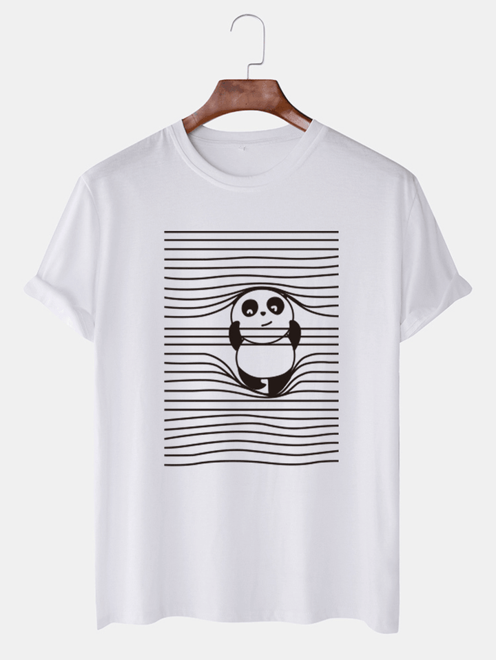 Mens Cartoon Panda & Line Print round Neck Short Sleeve Cute T-Shirts