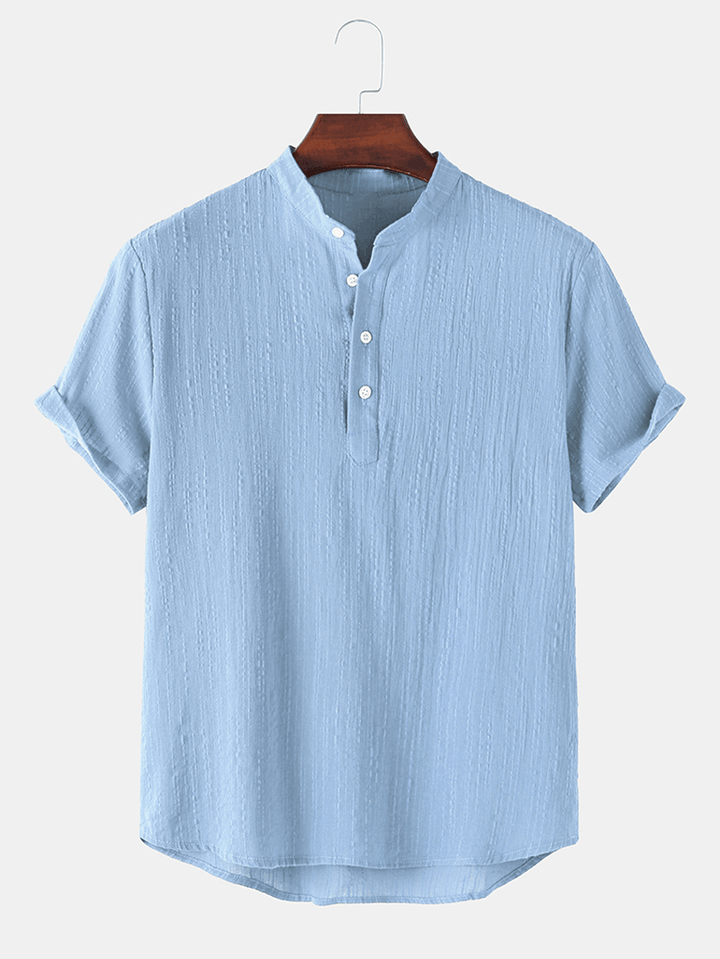 Mens Basic Solid Color Linen Short Sleeve Henley Shirt