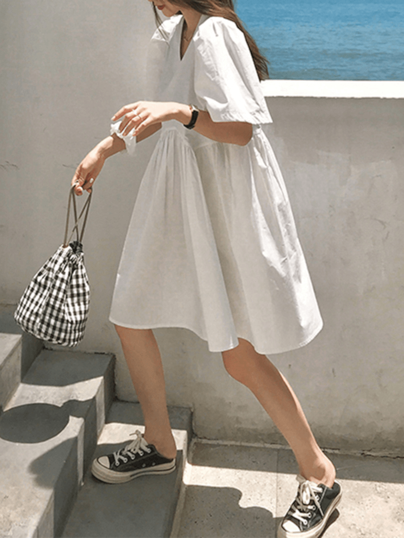 Women Solid Color Puff Sleeve V-Neck Pleats Plain Daily Casual Midi Dress