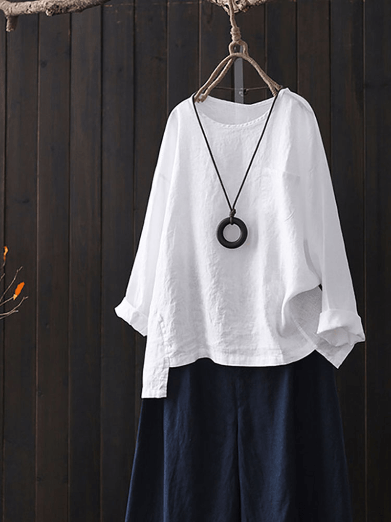 Cotton Crew Neck Split Asymmetric Shirts for Women - MRSLM