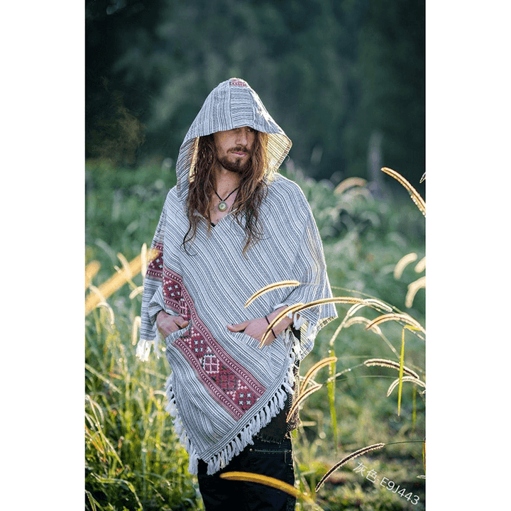 Hooded Cloak Shawl Ethnic Style Hedging Fringed Big Shawl Male