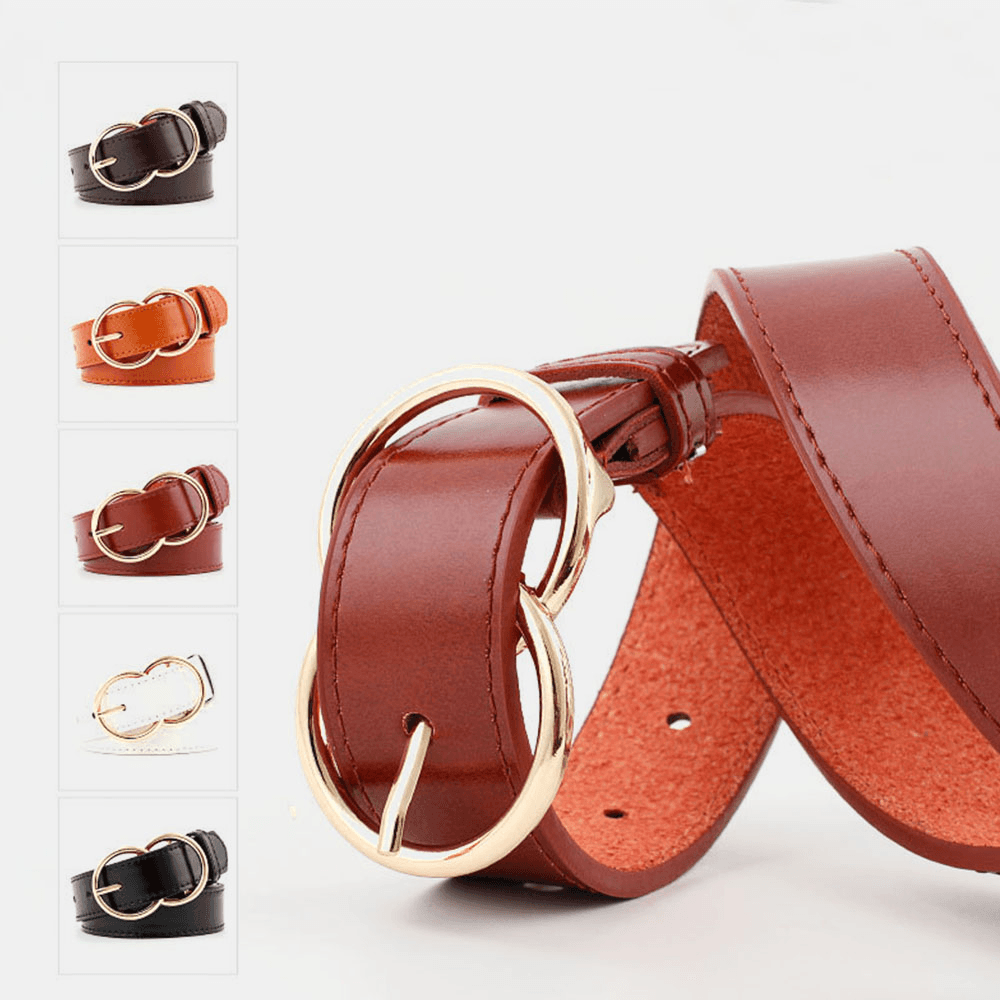 Women PU Leather Double Ring Buckle Retro Fashion Trouser Belt