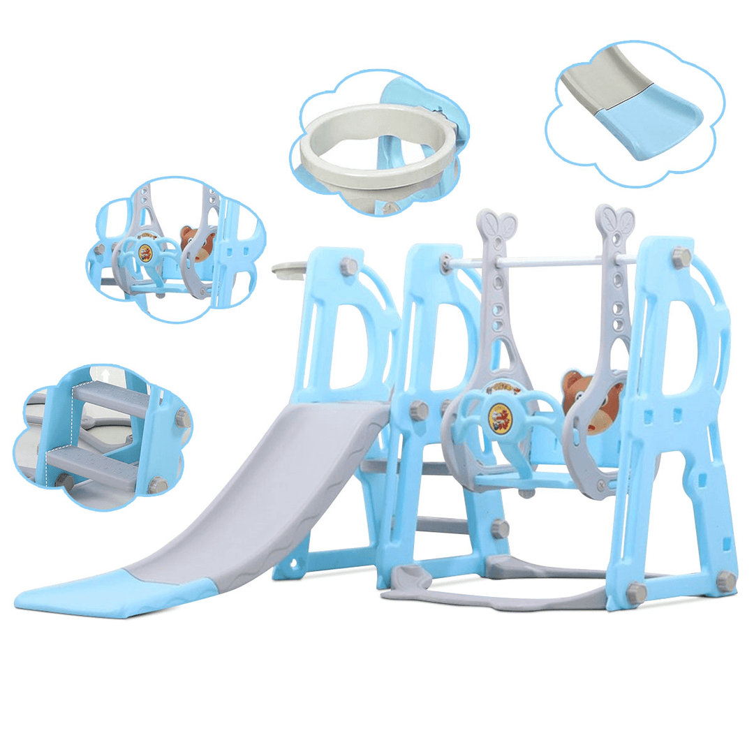 3-In-1 Toddler Climber Swing Set Kids Play Slide Playset Basketball Hoop Long Slide Baby Indoor Outdoor Backyard for 1-5 Years Old Kids