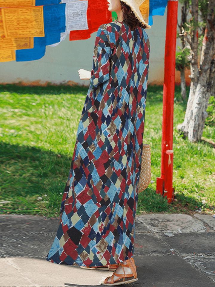 Vintage Geometry Print O-Neck Half Sleeve Bohemia Maxi Dress