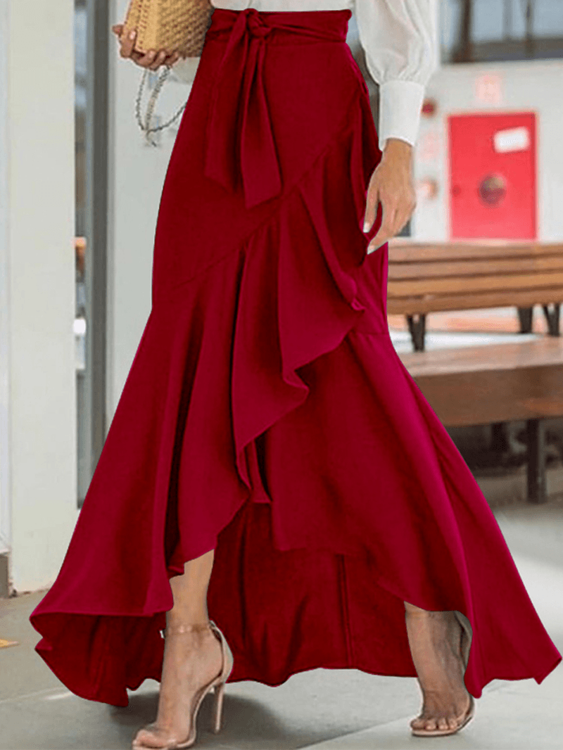 Solid Color High Waist Ruffle High Low Hem Swing Maxi Skirts for Women - MRSLM