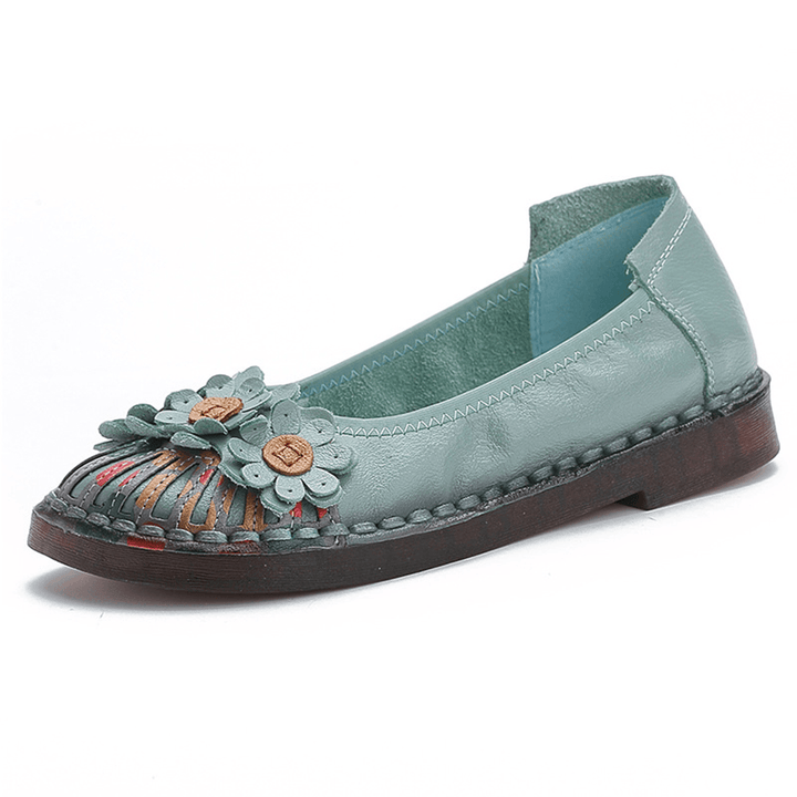 Women Retro Flowers Decor Handmade Stitching Non Slp Soft Sole Loafers - MRSLM