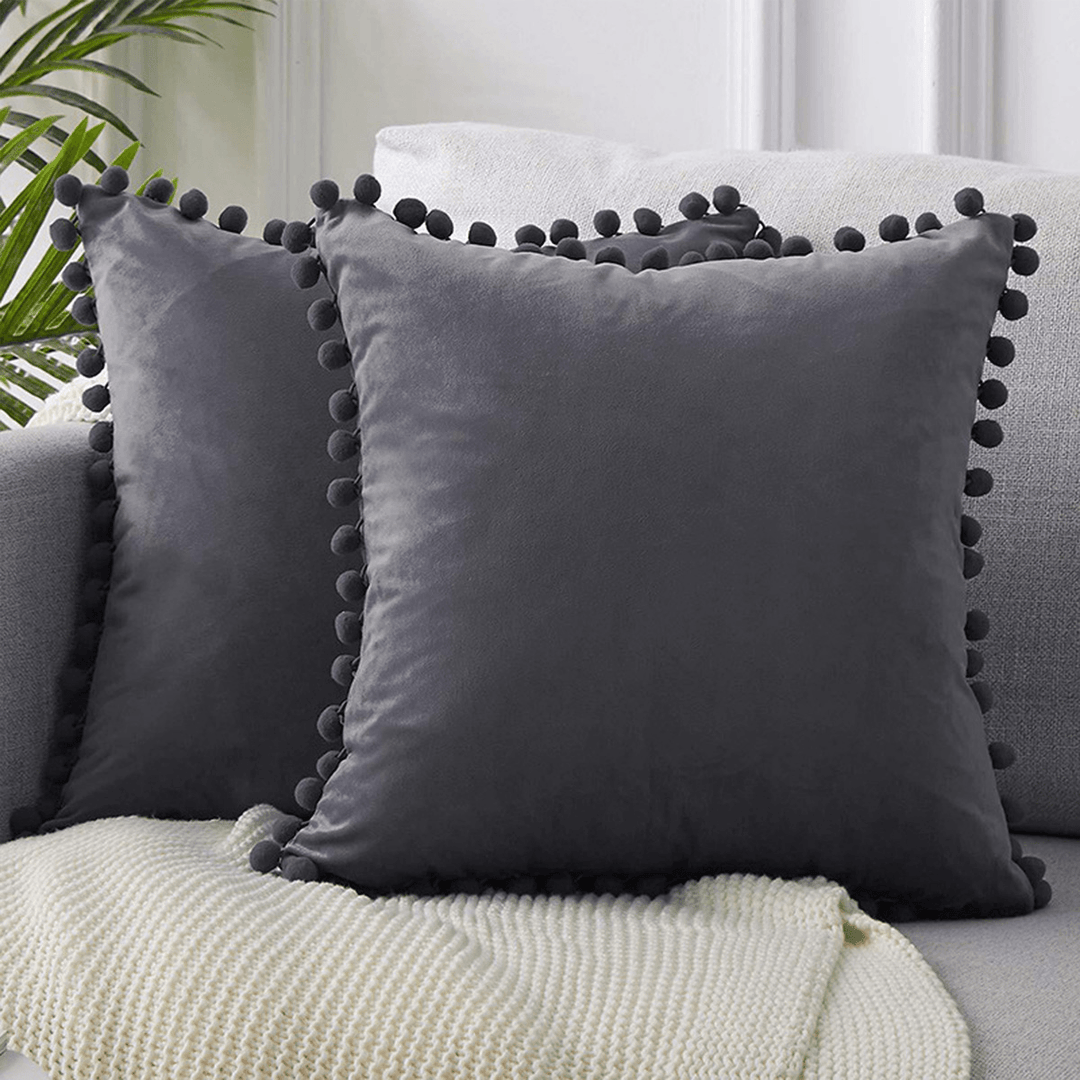 45*45Cm Soft Velvet Pillow Covers Cute Pom Poms Throw Pillow Covers Square Cushion Case for Sofa Couch Home Decor - MRSLM