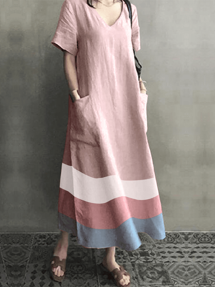 Women Cotton Contrast Color Stripe Print V-Neck Side Pocket Maxi Dress