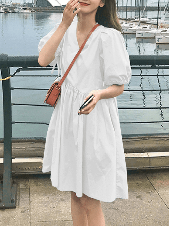 Women Solid Color Puff Sleeve V-Neck Pleats Plain Daily Casual Midi Dress - MRSLM