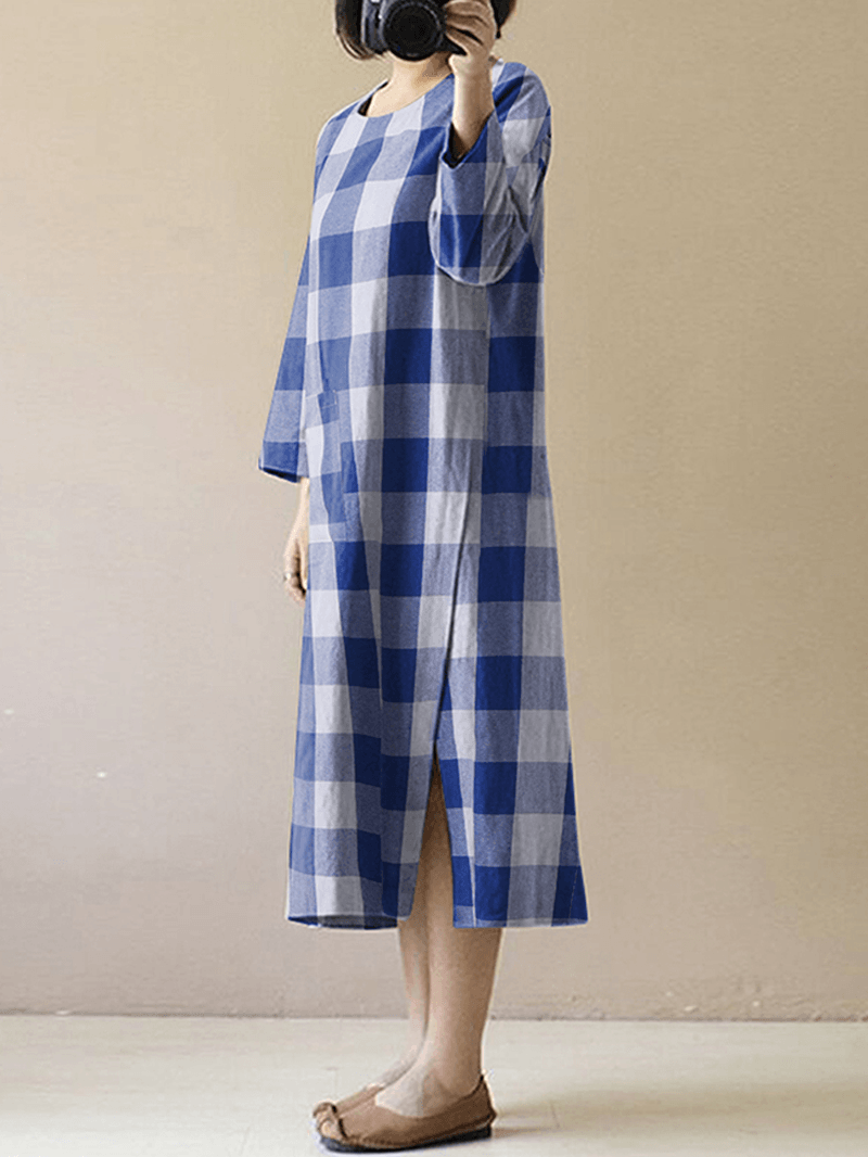 Women Vintage Plaid O-Neck Long Sleeve Splited Midi Dress