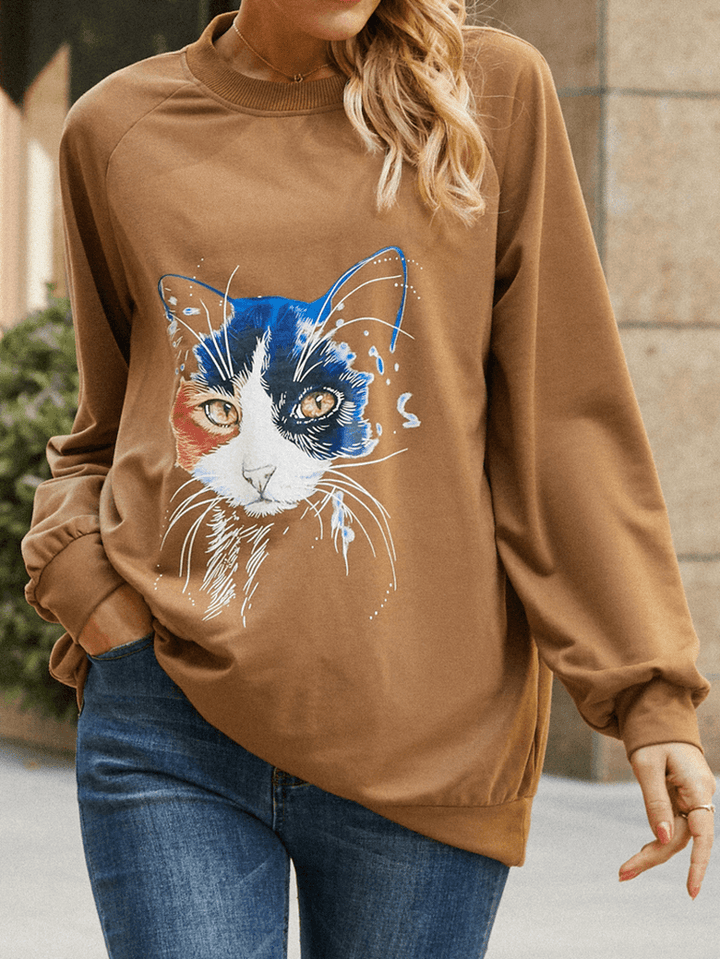 Women Cat Print Solid Color round Neck Casual Loose Pullover Sweatshirt