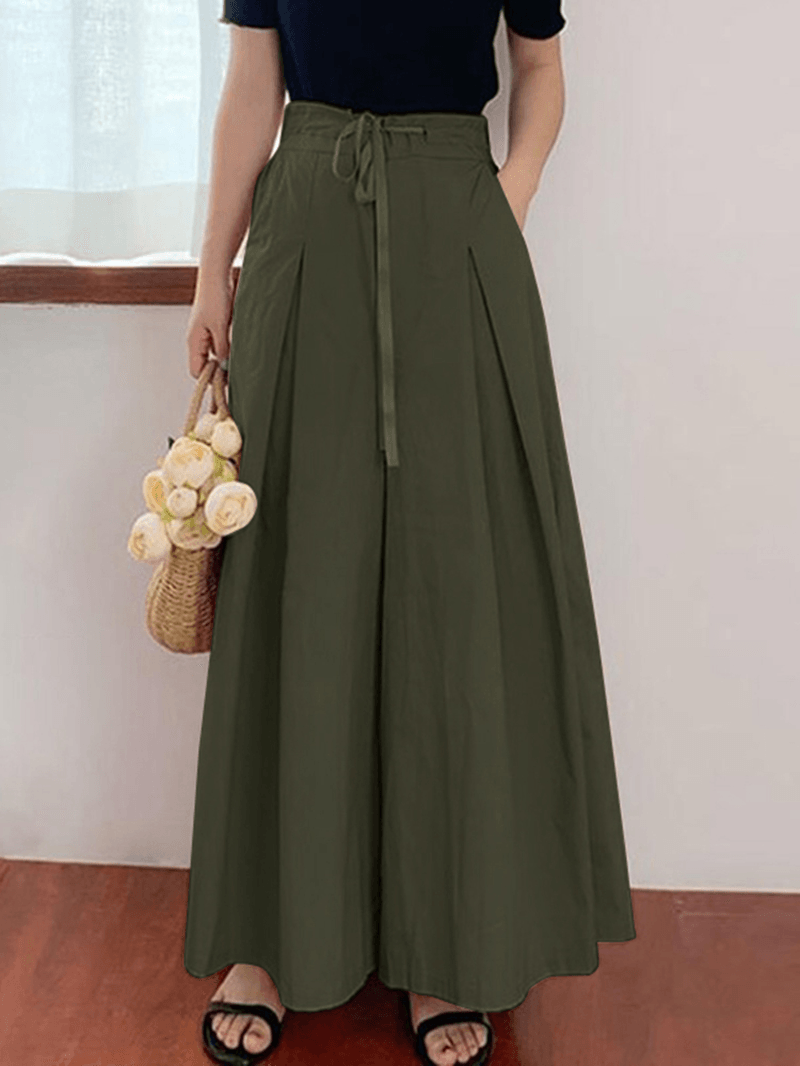 Women Drawstring Waist Loose Solid Color Casual Wide Leg Pants with Pocket - MRSLM