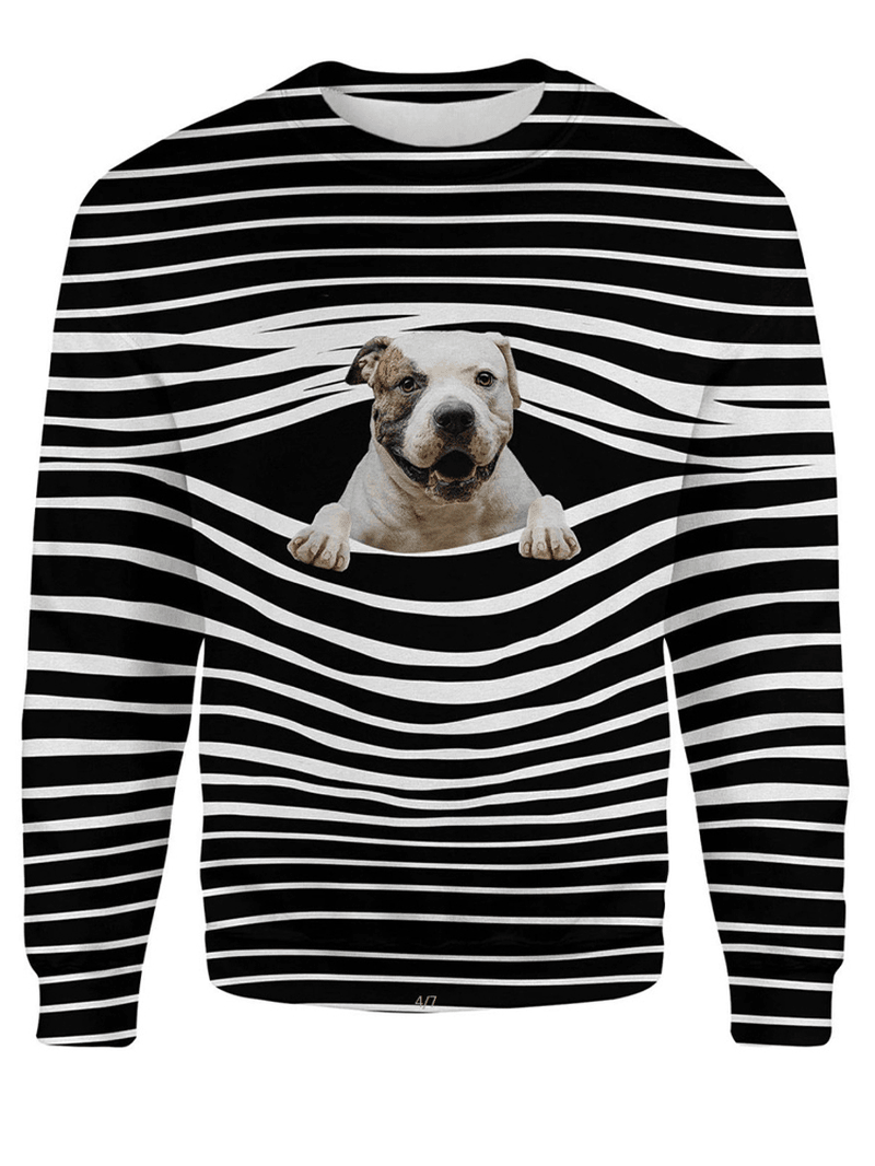 Women 3D Dog & Stripe Print O-Neck Pullover Casual Sweatshirts