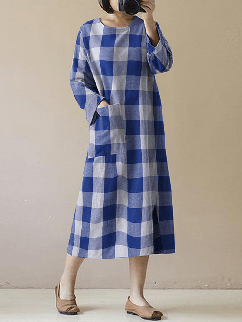 Women Vintage Plaid O-Neck Long Sleeve Splited Midi Dress