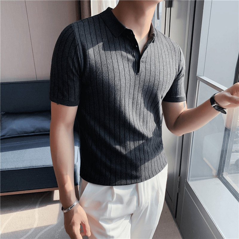 Lapel Tight-Fitting Striped Stretch Short-Sleeved T-Shirt