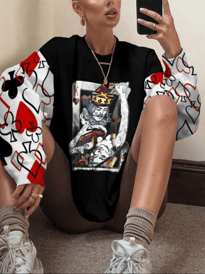 Women Playing Cards Pattern Drop Shoulder Long Sleeve Pullover Black Sweatshirts - MRSLM