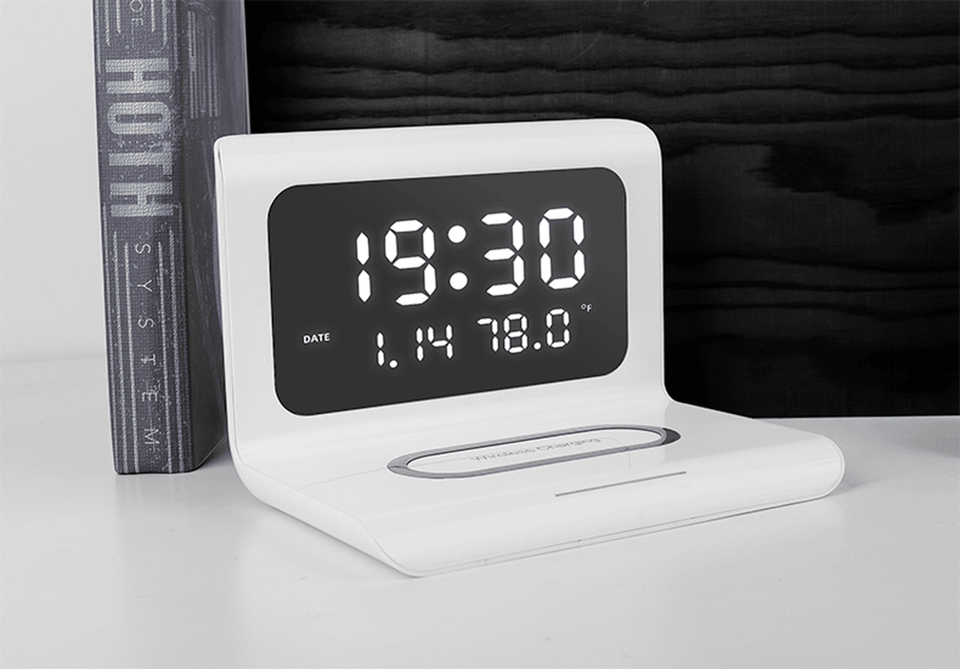 Electric LED 12/24H Alarm Clock with Phone QI 10W Wireless Charger Table Digital Thermometer LED Display Desktop Clock Perpetual Calendar - MRSLM