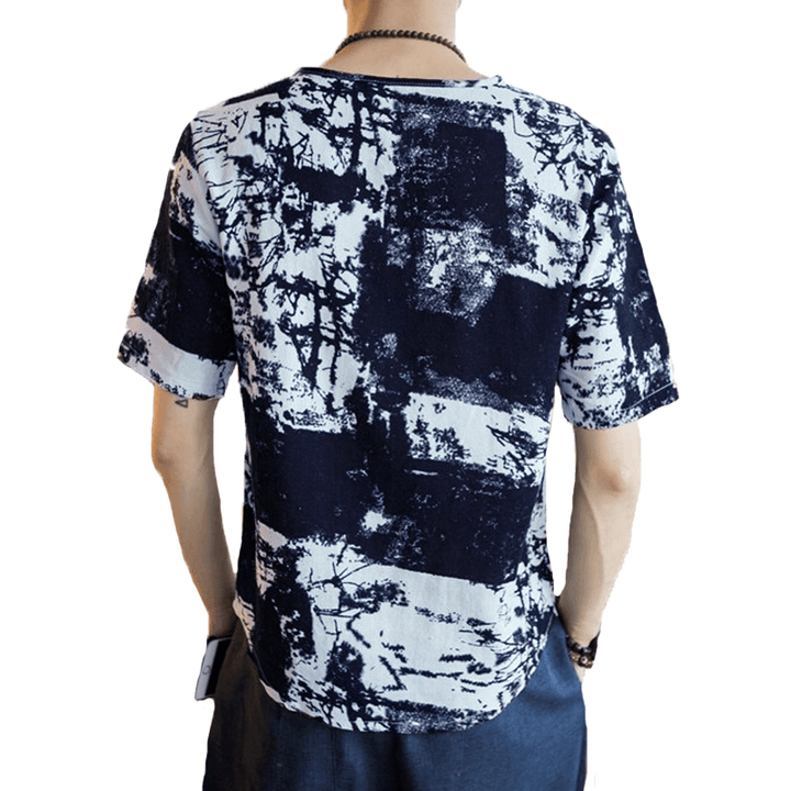 INCERUN Mens V Neck Ink Printing Chinese Style Casual Cotton Short Sleeve Tops Tees