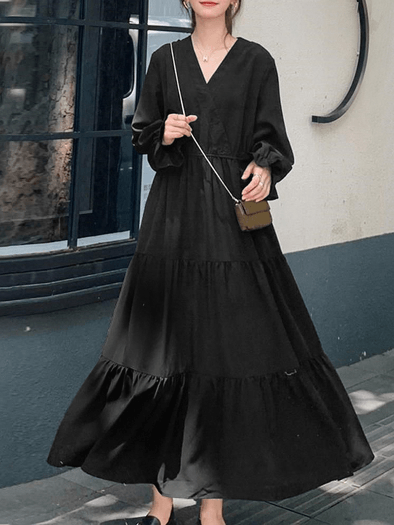 Women Solid Color Puff Sleeve V-Neck Big Swing Casual Maxi Layered Dress