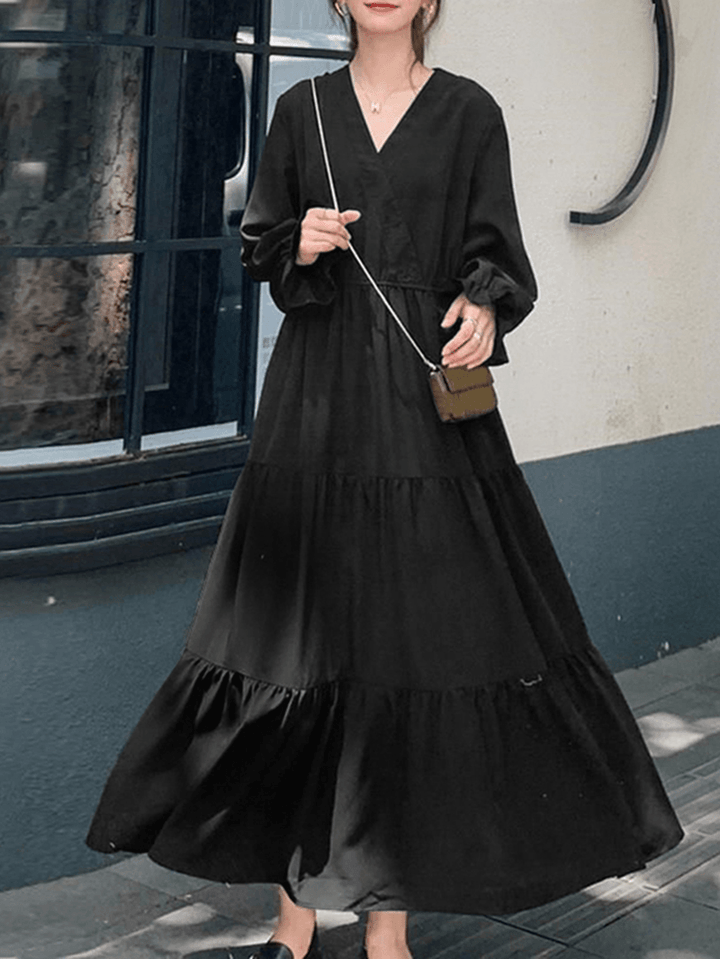 Women Solid Color Puff Sleeve V-Neck Big Swing Casual Maxi Layered Dress