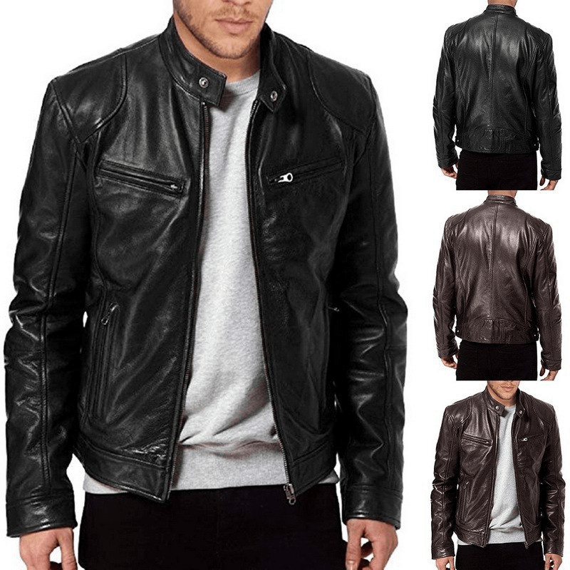 Men'S Zip Cardigan PU Leather Jacket with Stand Collar