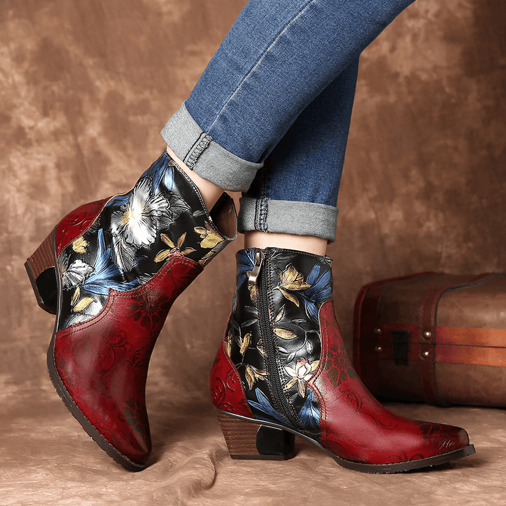 Women Retro Embossed Flowers Stitching Leather Ankle Boots