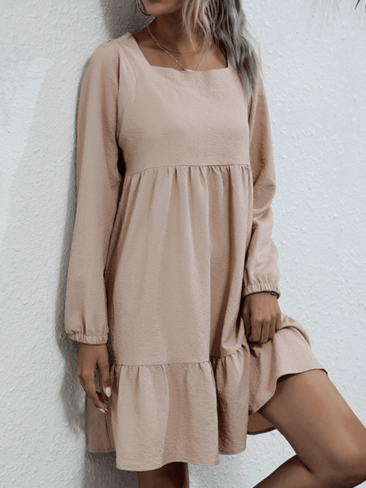 Women Brief Style Solid Color Bowknot Ruffle Long Sleeves Casual Dress