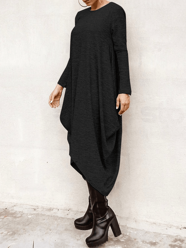 Women's Casual High Low Hem Midi Dress - Loose Fit with Long Sleeves