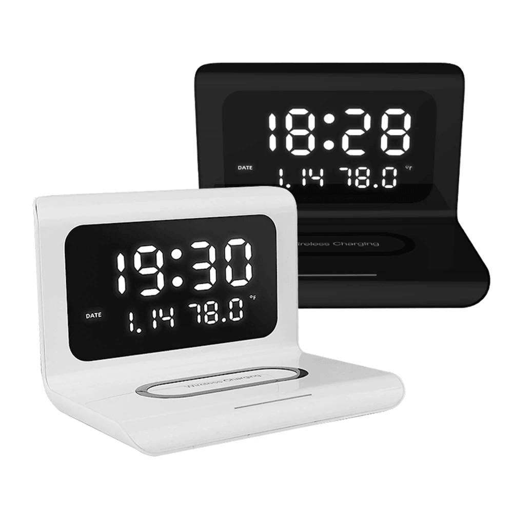 Electric LED 12/24H Alarm Clock with Phone QI 10W Wireless Charger Table Digital Thermometer LED Display Desktop Clock Perpetual Calendar