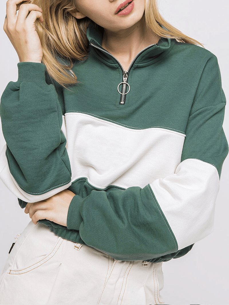 Women Patchwork Pullover Half Zipper Front Long Sleeve Hoodies