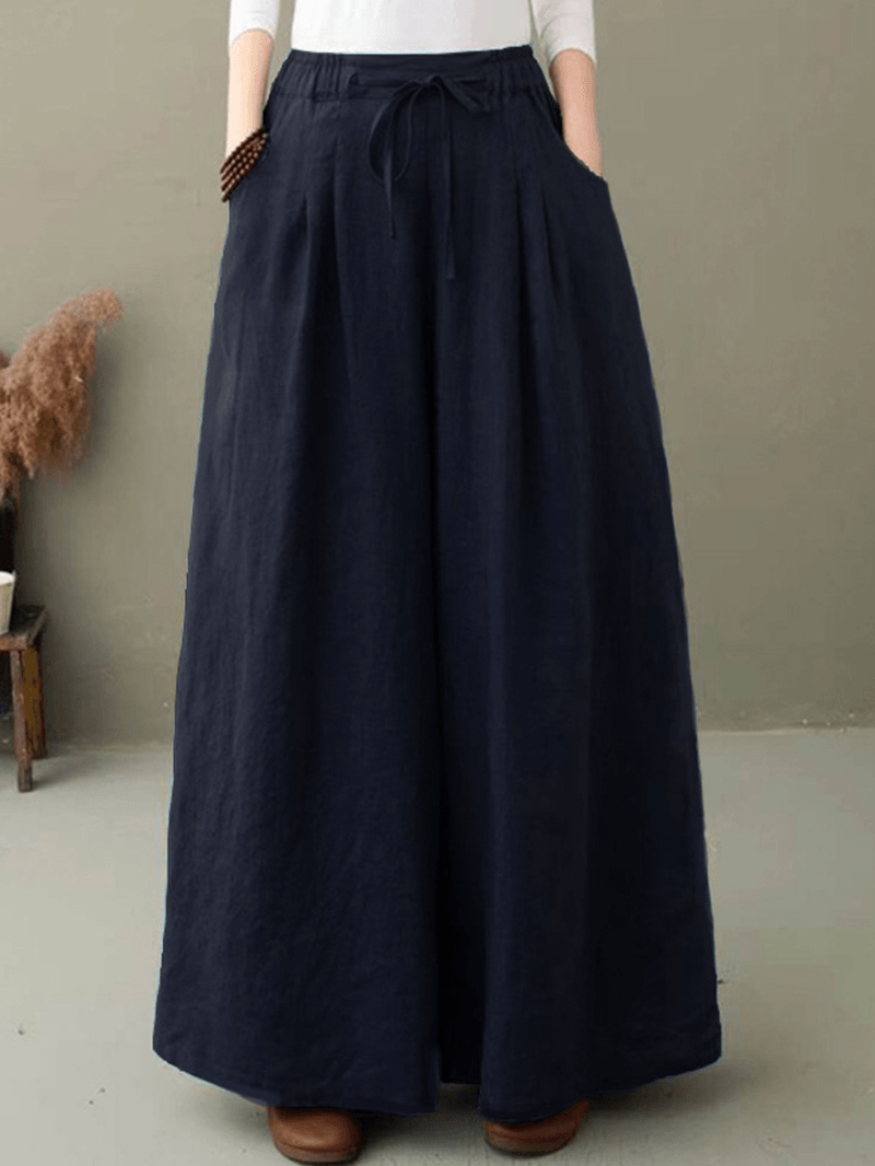 Women 100% Cotton Solid Color High Drawstring Waist Plain Casual Wide Leg Pants - MRSLM