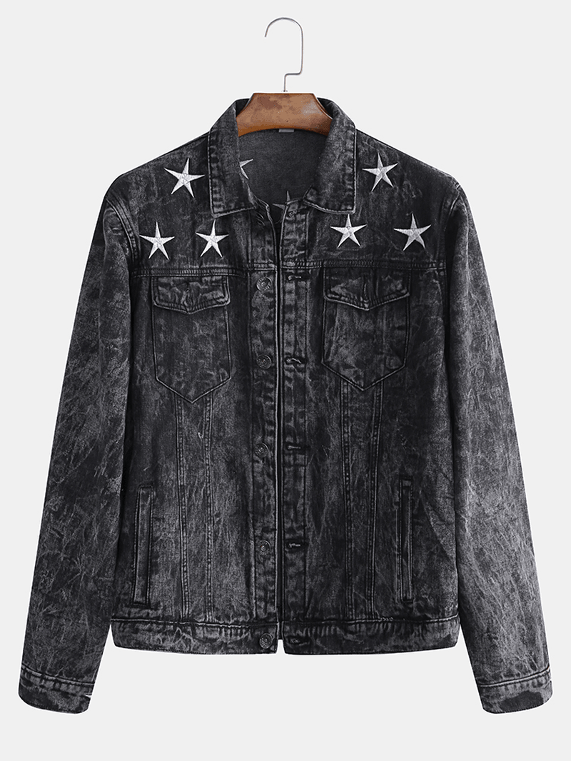 Men'S Fashion Print Pocket Decoration Casual Washed Denim Jacket