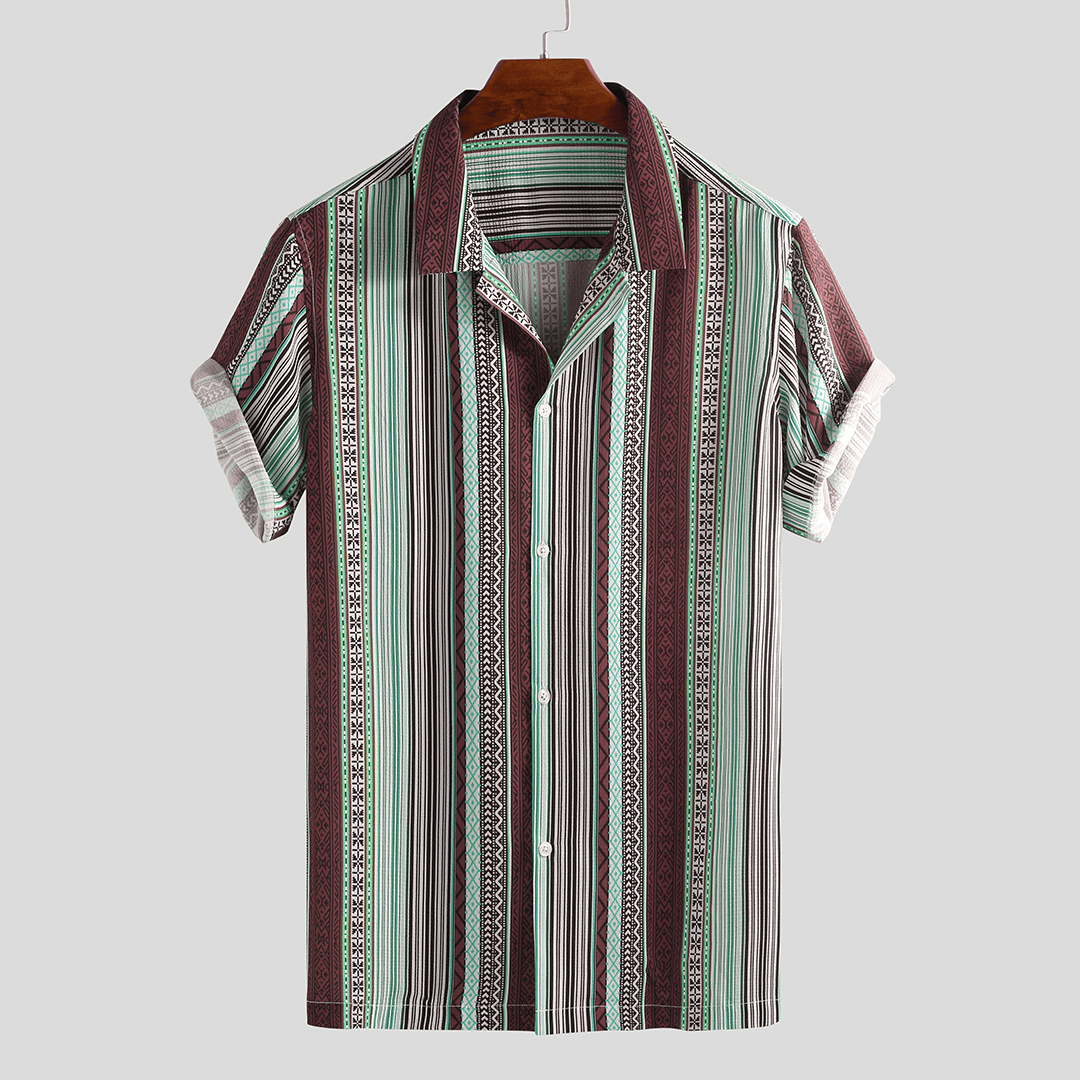 Men Ethnic Stripe Print Short Sleeve Relaxed Hawaiian Shirts