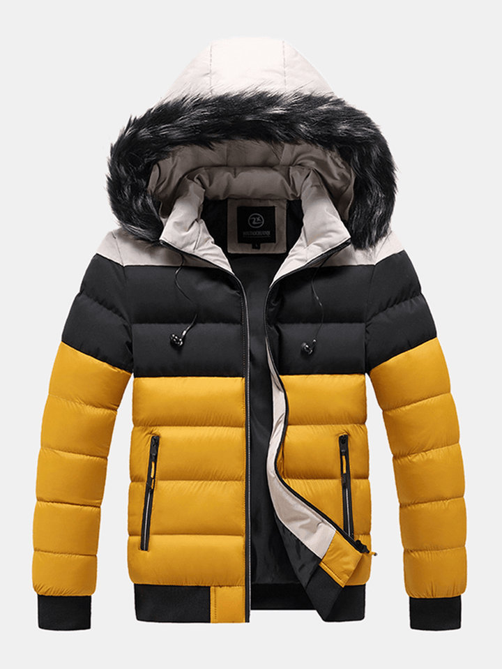 Mens Color Block Patchwork Thick Faux Fur Hooded Puffer Jacket with Pocket