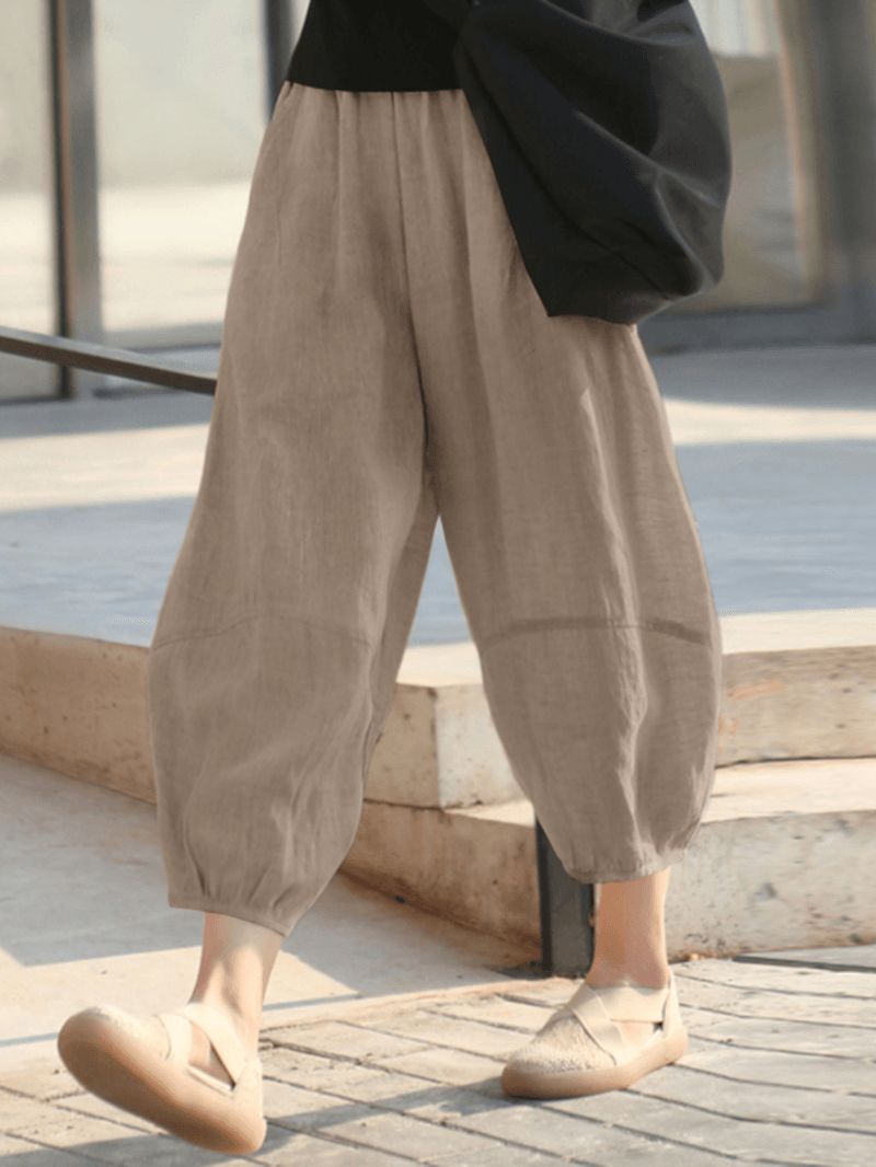 100% Cotton Loose Elastic Waist Mid-Calf Length Thin Pants for Women