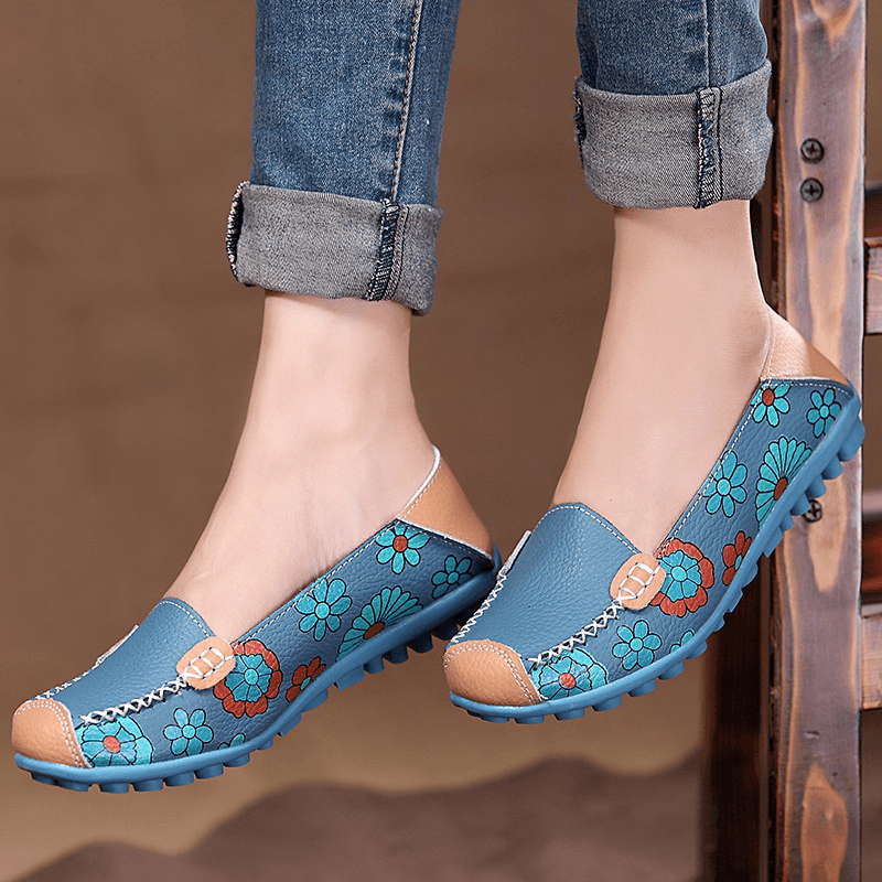 Big Size Women Flower Floral Leather Loafers Moccasins Flats Soft Ballet Shoes round Toe Flats