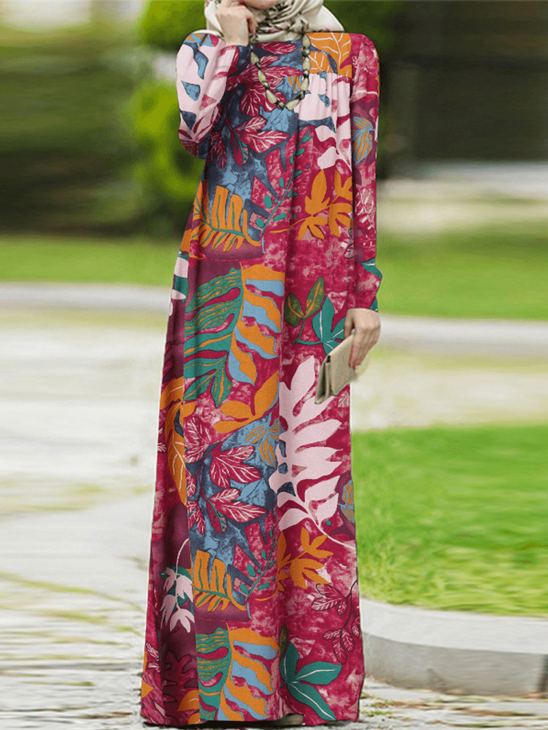 Women Vintage Flowers Print Puff Sleeve Lace-Up Bohemian Maxi Dress