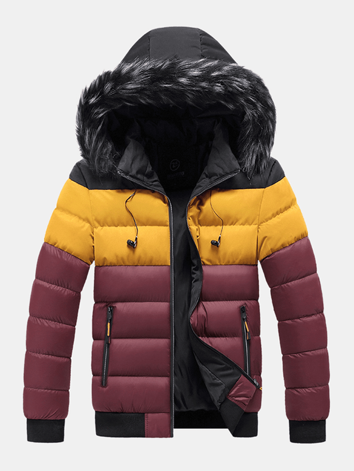 Mens Color Block Patchwork Thick Faux Fur Hooded Puffer Jacket with Pocket - MRSLM