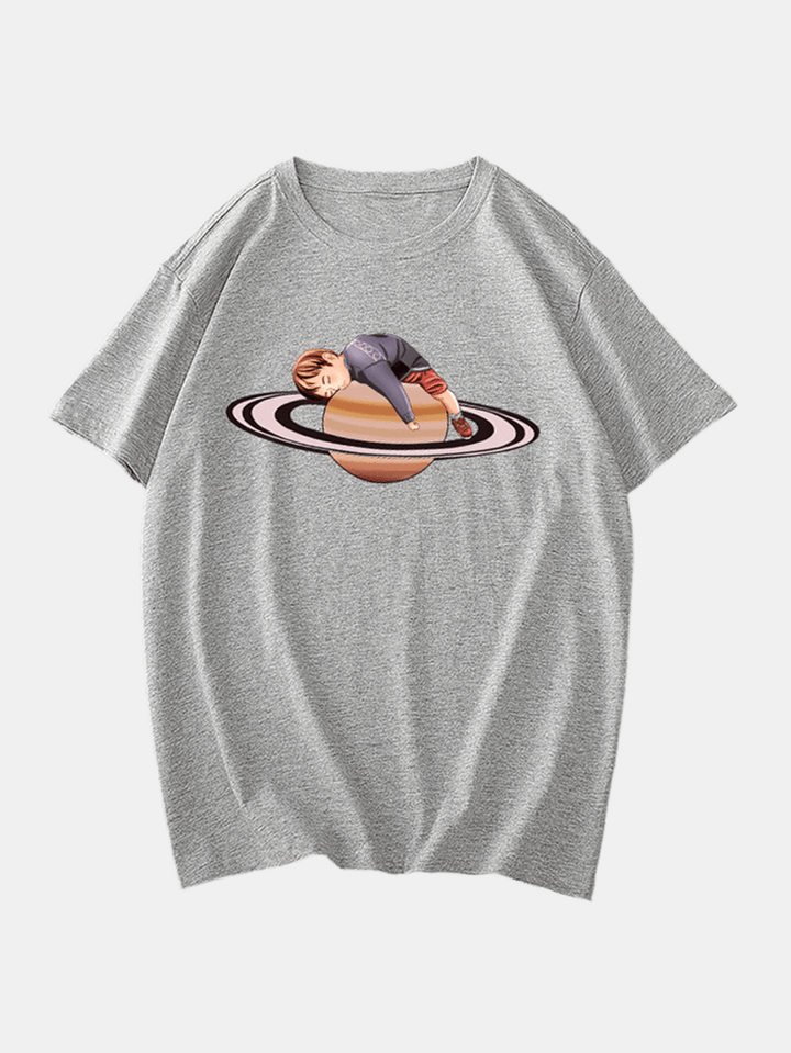 Mens Cotton Breathable Cartoon Saturn & Boy Print Short Sleeve Casual T-Shirts