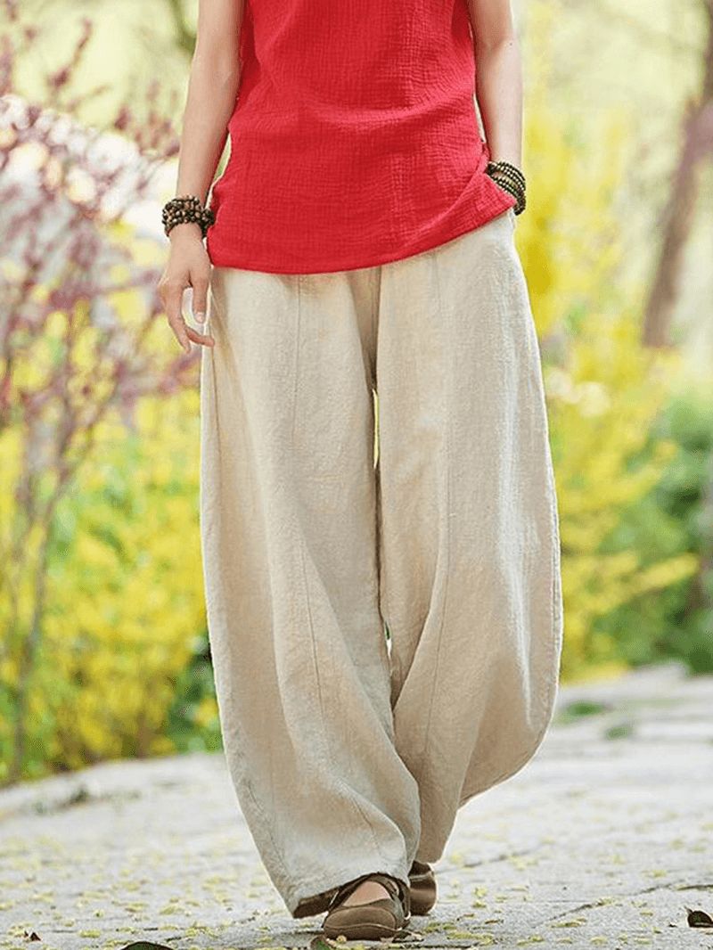 Cotton Linen Solid Color Elastic Waist Loose Casual Pants with Pocket