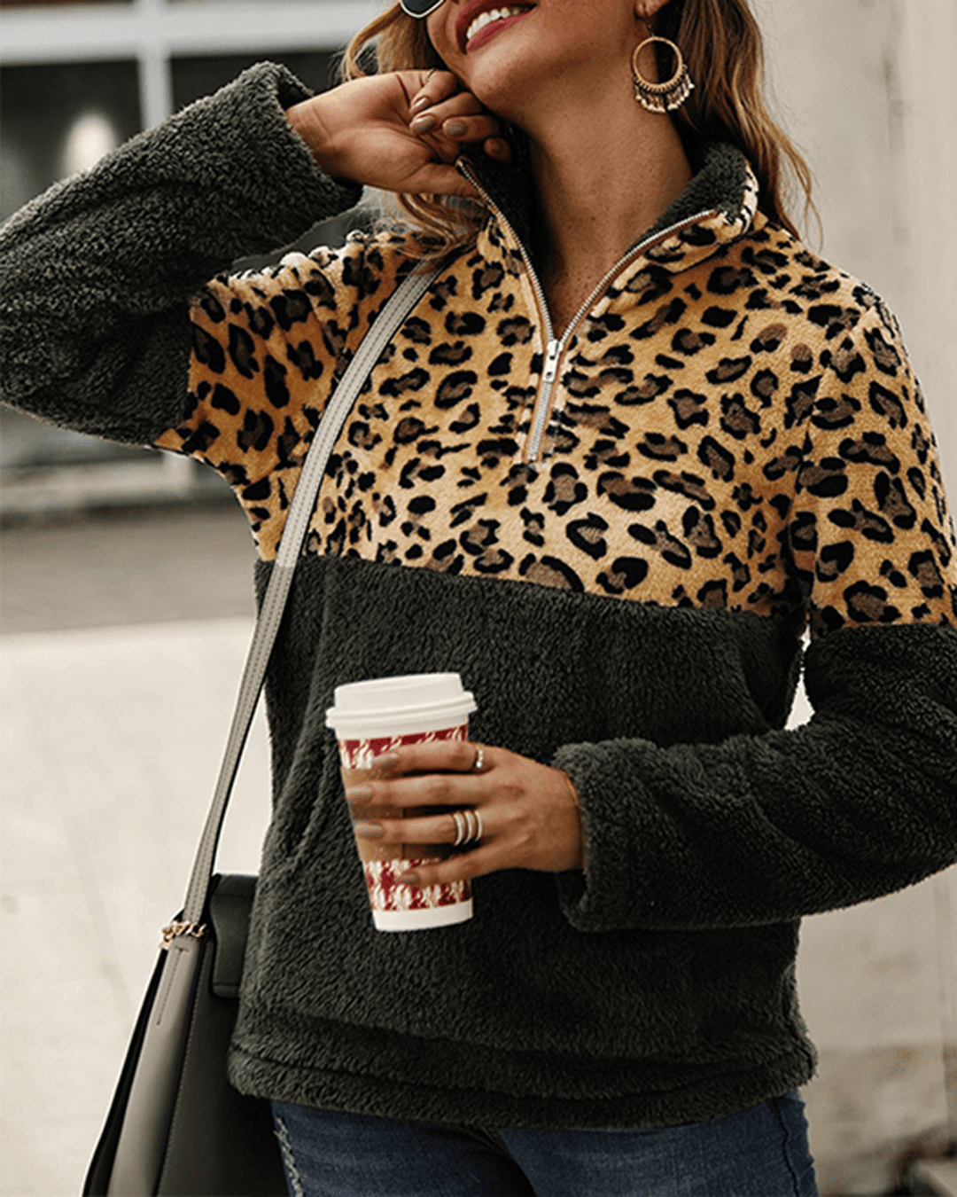 Women Casual Leopard Print Patchwork Long Sleeve Jumper Sweatshirt