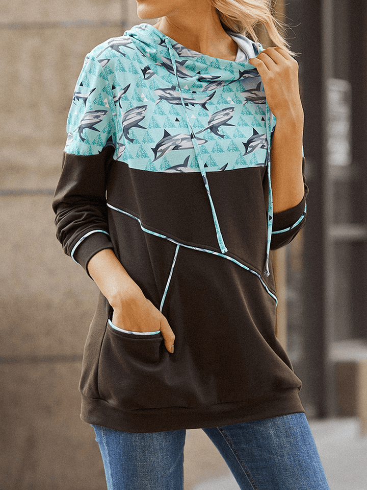 Women Shark Print Patchwork Long Sleeve Casual Drawstring Hoodies