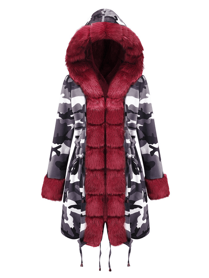 Long Sleeve Print Fur Collar Hooded Thick Coats