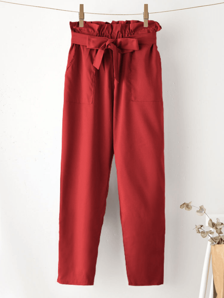 Solid Color Ruffle Knotted Pocket Casual Cropped Pants for Women