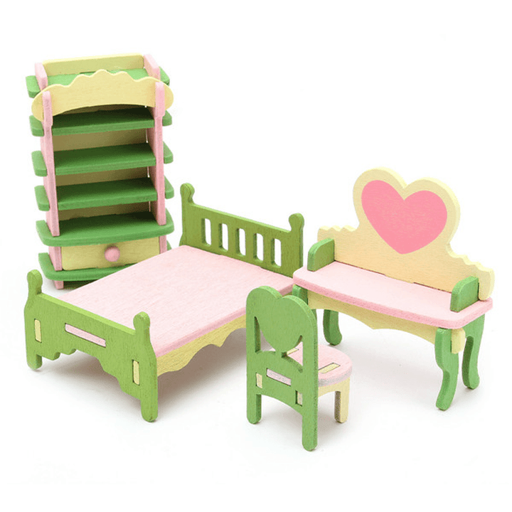 4 Sets of Delicate Wood Dollhouse Furniture Kits for Doll House Miniature