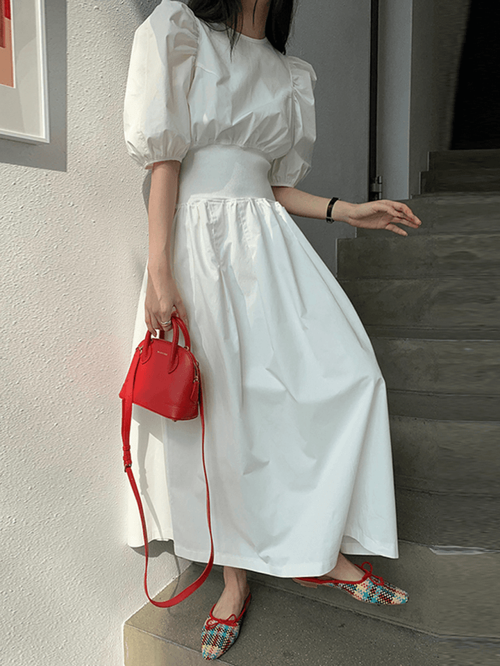 Puff Sleeve O-Neck Short Sleeve Elastic Cuffs Casual Maxi Dress