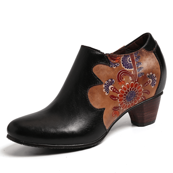 Women Hand Painted Flowers Stitching Leather Zipper Pumps - MRSLM